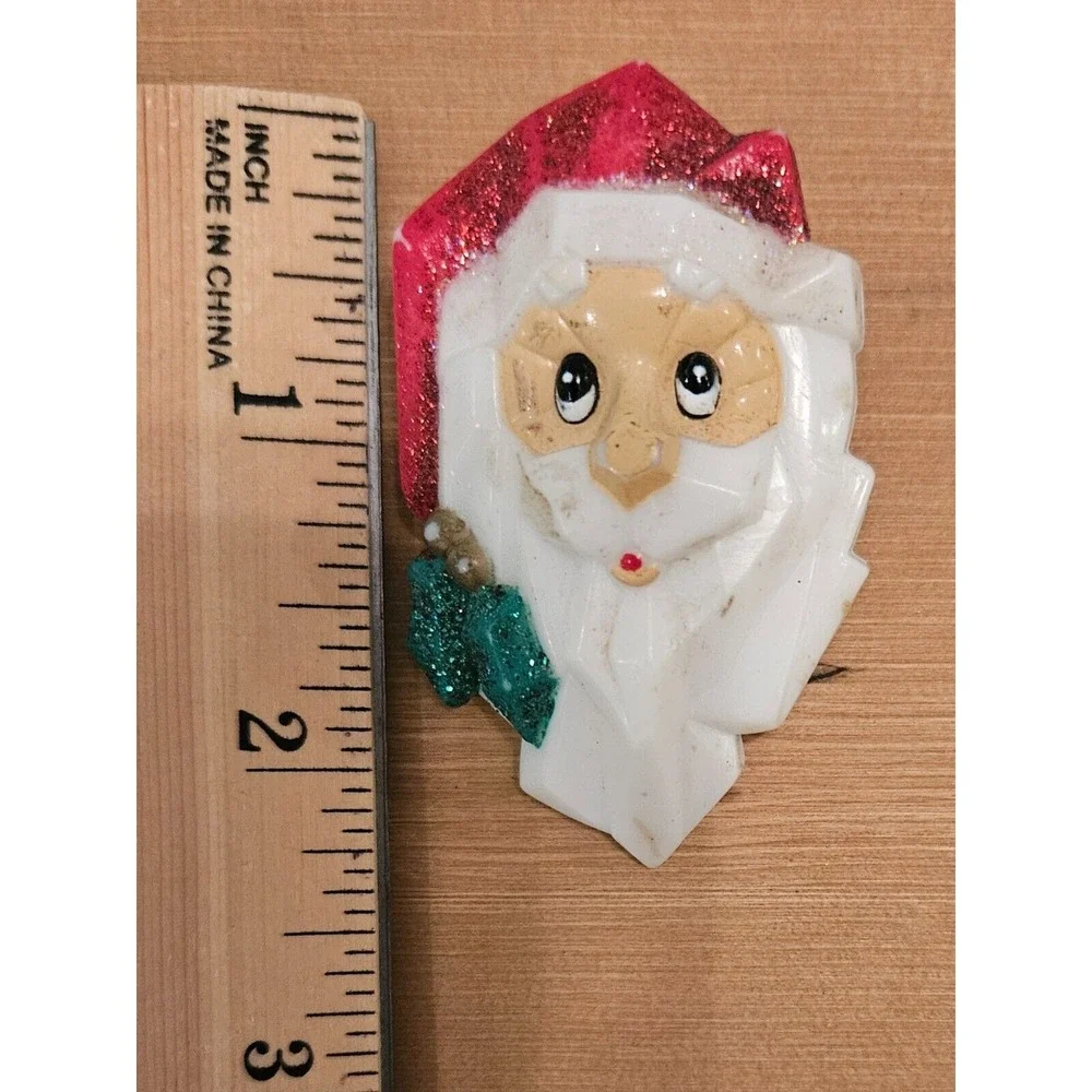 Vintage Santa Claus Face Christmas Holiday‎ Brooch Pin Red Glittery Hat